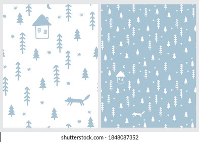 Simple Abstract Winter Forest Seamless Vector Pattern. Infantile Style Christmas Trees, Fox and Little House Isolated on a White and Blue Background. Winter Holiday Print ideal for Fabric, Card.