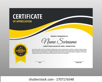 Simple Abstract Yellow Black Wave Certificate Design, Professional Modern Certificate Template Vector