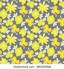 Simple abstract yellow flowers on a grey background. Vector seamless floral ornament.