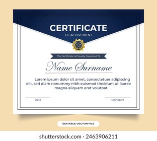 Diseño de certificado académico simple con insignia de oro y caligrafía Premio y credenciales de logro diseñado para el reconocimiento y honor Certificado de documento de logro Vector