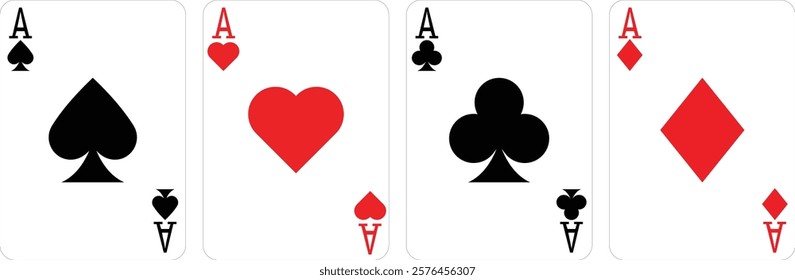 Simple Ace Playing card. Royal Flush Realistic playing cards symbol. Poker card suit with symbols of diamonds, clubs, hearts, spades. Design for casino, game design. Lucky Casino Cards.