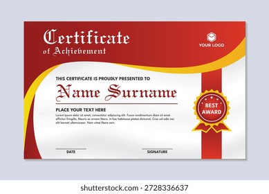 Simple achievement certificate template red and yellow curved design, modern certificate design template