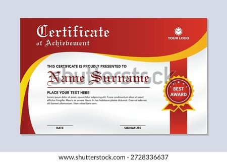 Simple achievement certificate template red and yellow curved design, modern certificate design template