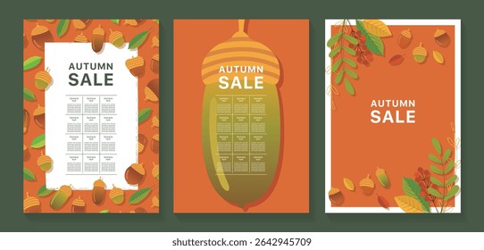 Simple acorn and leaf autumn flyer template set