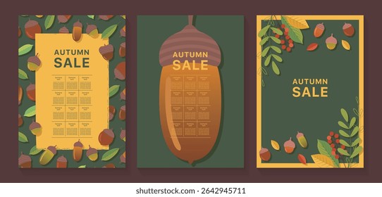 Simple acorn and leaf autumn flyer template set