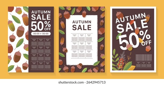 Simple acorn and leaf autumn flyer template set