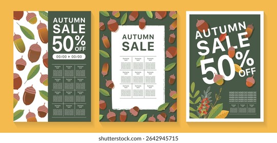 Simple acorn and leaf autumn flyer template set