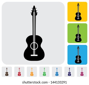 simple acoustic guitar symbol(icon)-minimalistic vector graphic. The illustration has the icon on grey, green, orange and blue backgrounds & useful for websites, blogs, documents, printing, etc
