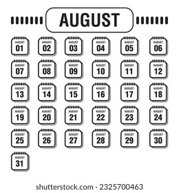 simple ad minimalist black and white calendar icon also template for january, february, march, april, may, june, july, august, september, october, november, december from date 1 to 31.