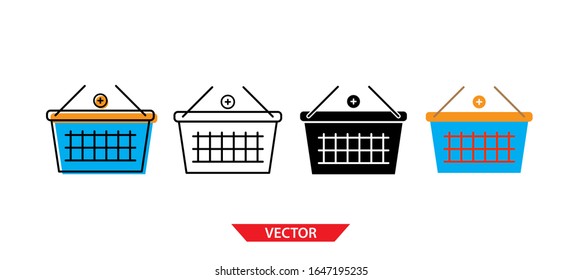 Simple add shopping basket icon on white background 4 types such as outline, black, color, outline and color. Vector illustration.