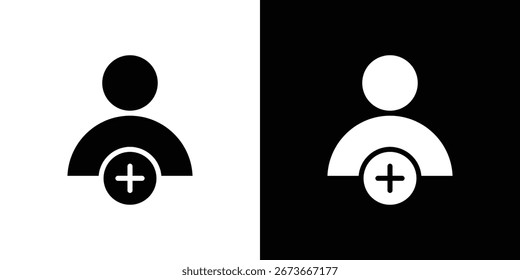 Simple add user icon graphic, presented in black and white variations on contrasting backgrounds.