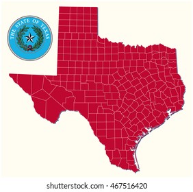 simple administrative and political map with seal of the US state of Texas