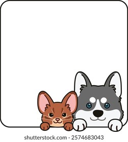 Simple and adorable Abyssinian cat and Siberian Husky dog coming out of a square shape