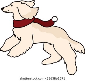 Simple and adorable Afghan Hound illustration jumping with a red scarf on