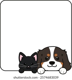 Simple and adorable black cat and Cavalier King Charles Spaniel coming out of a square shape