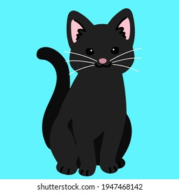 Simple and adorable black cat sitting in front view flat colored