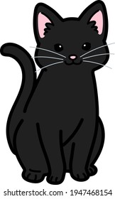 Simple and adorable black cat sitting in front view outlined