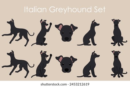 Simple and adorable black Italian Greyhound illustrations set