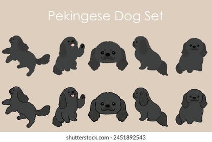 Simple and adorable black Pekingese Dog illustrations set