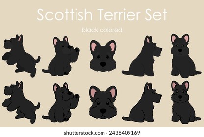 Conjunto de ilustraciones de Terrier escocés negro simple y adorable