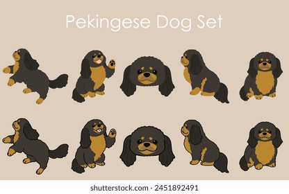 Simple and adorable black and tan Pekingese Dog illustrations set