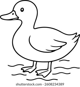 A simple and adorable black and white cartoon duck illustration, perfect for children’s coloring books, educational materials, or printable activity sheets.