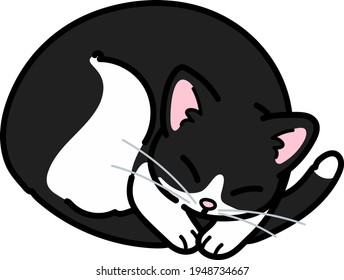 Sencillo y adorable gato negro y blanco durmiendo delineado