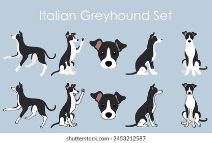 Conjunto de ilustraciones de galgo italiano en blanco y negro simple y adorable