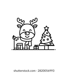 A simple and adorable black and white line art illustration featuring a smiling cartoon reindeer wearing a scarf. The reindeer stands next to a decorated Christmas tree topped with a star and a small gift box, perfect for holiday-themed coloring activities or minimalist designs.