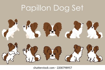 Simple and adorable brown and white colored Papillon illustrations set