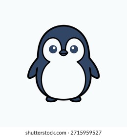 Un simple y adorable pingüino de dibujos animados con grandes ojos y un vientre blanco, aislado en un fondo blanco.