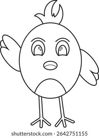 A simple and adorable cartoon-style baby chick illustration in clean black and white line art. Features round body, expressive eyes, and playful pose, perfect for coloring pages, kids’ learning materi
