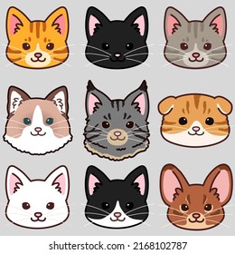 Simple and adorable cats front faces set 