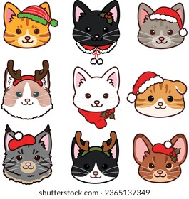 Simple and adorable cats front faces set Christmas version