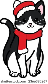 Simple and adorable Christmas black and white cat illustration outlined
