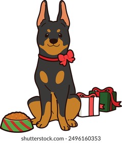 Simple and adorable Christmas illustration of Doberman sitting outlined