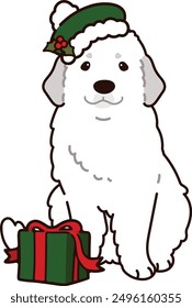 Simple and adorable Christmas illustration of Great Pyrenees sitting outlined