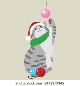 Simple and adorable Christmas illustration of Grey Tabby Cat playing with a Christmas ornament flat colored
