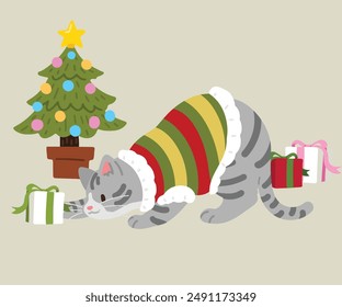 Simple and adorable Christmas illustration of Grey Tabby Cat playing with gifts flat colored