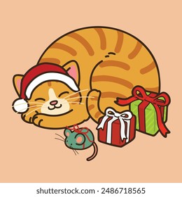 Simple and adorable Christmas illustration of Orange Tabby Cat outlined sleeping