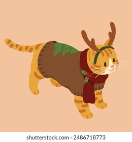Simple and adorable Christmas illustration of Orange Tabby Cat with antlers and a brown sweater on flat colored