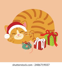 Simple and adorable Christmas illustration of Orange Tabby Cat flat colored sleeping