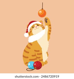 Simple and adorable Christmas illustration of Orange Tabby Cat playing with a Christmas ornament flat colored