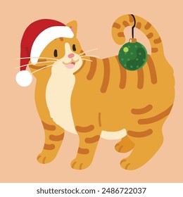 Simple and adorable Christmas illustration of Orange Tabby Cat playing with a Christmas ornament flat colored