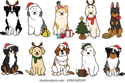 Simple and adorable Christmas illustrations of friendly big dogs outlined