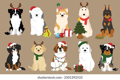 Simple and adorable Christmas illustrations of friendly big dogs flat colored