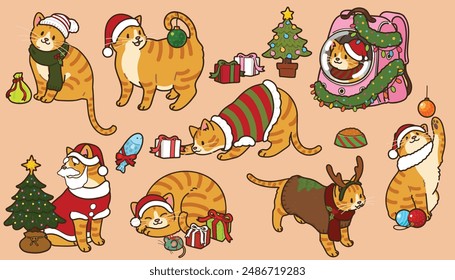 Simple and adorable Christmas illustrations of Orange Tabby Cat outlined