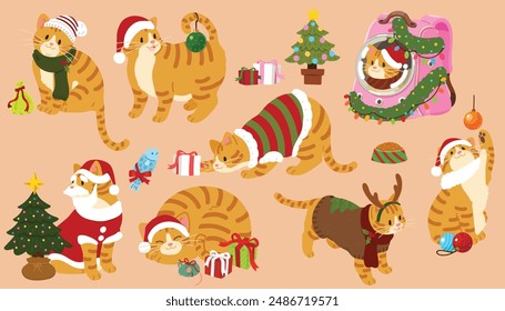 Simple and adorable Christmas illustrations of Orange Tabby Cat flat colored