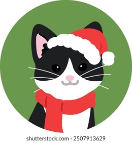 Simple and adorable circle Christmas avatar icon of Tuxedo Cat