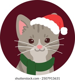 Simple and adorable circle Christmas avatar icon of Grey Tabby Cat